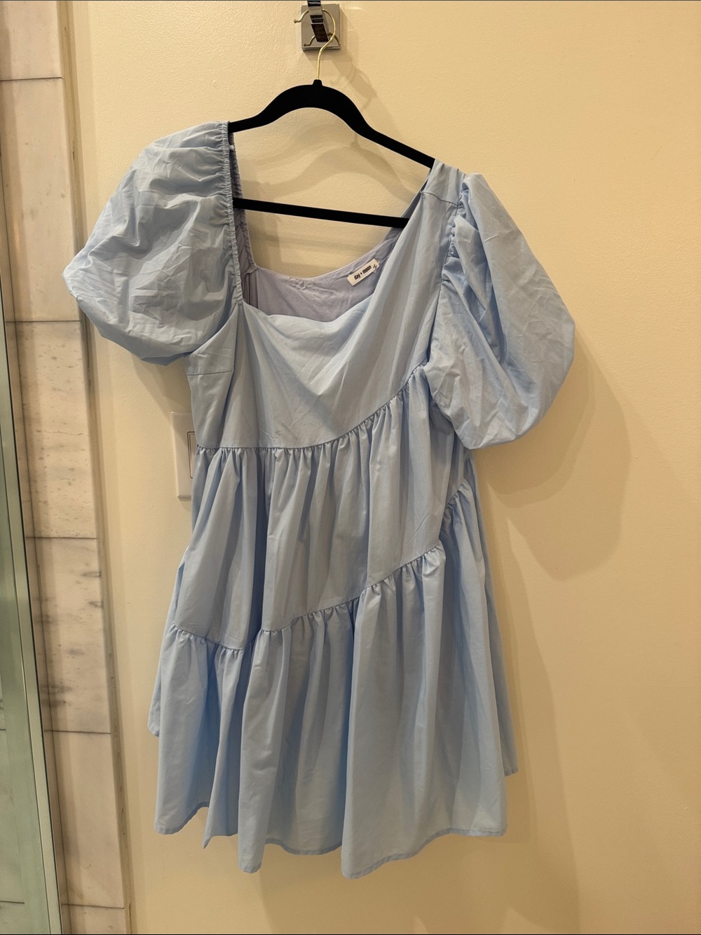 Light Blue Puff-Sleeve Tiered Mini Dress - Women (stain on sleeve)